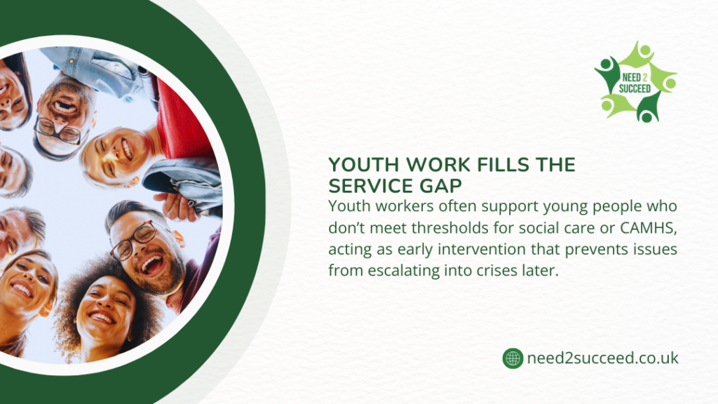 A low-angle photo looking up at a group of diverse, smiling young adults forming a circle, illustrating how Youth Work Fills the Service Gap by offering early intervention.