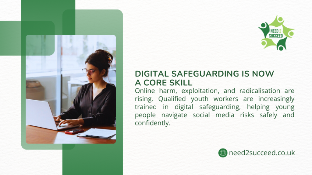 Youth worker using laptop at desk; infographic about digital safeguarding as core skill for protecting young people online.