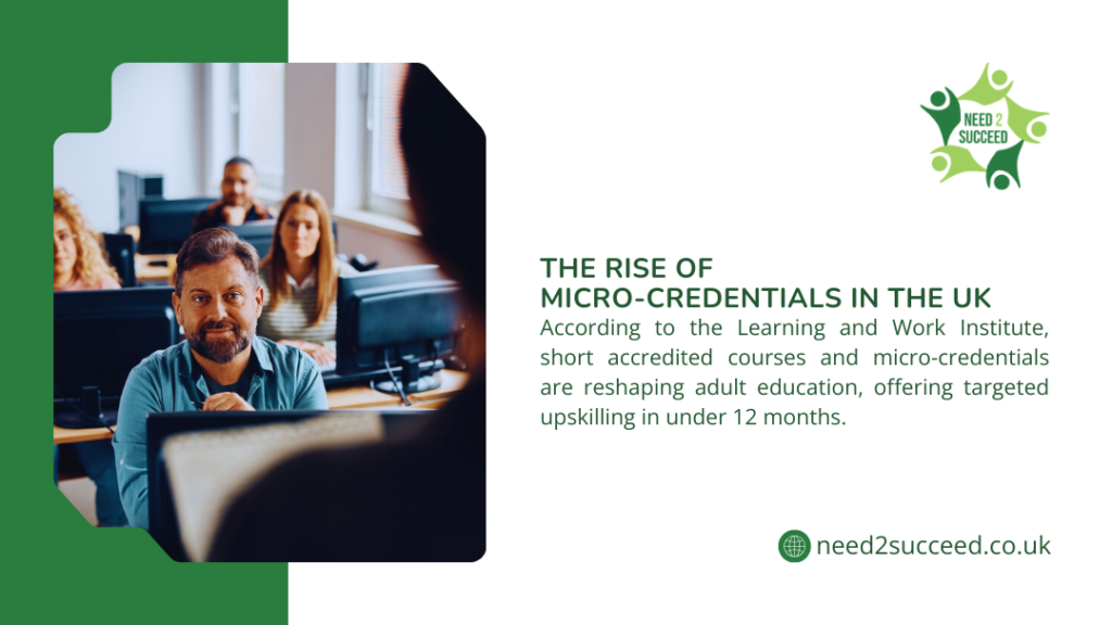 Infographic on the rise of micro-credentials in the UK, showing adult learners in classroom with short accredited courses reshaping education.