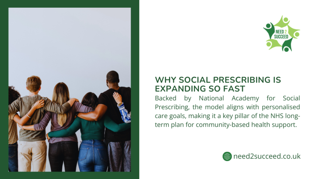 Social prescribing illustrated by a diverse group standing arm in arm, symbolising community support, personalised care, and the growing role of social prescribing in long-term public health.