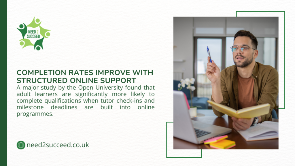 Man with glasses and beard in casual shirt, thoughtfully holding a blue pen and an open yellow notebook while studying on a laptop at a desk, surrounded by colorful sticky notes in a bright home office setting.