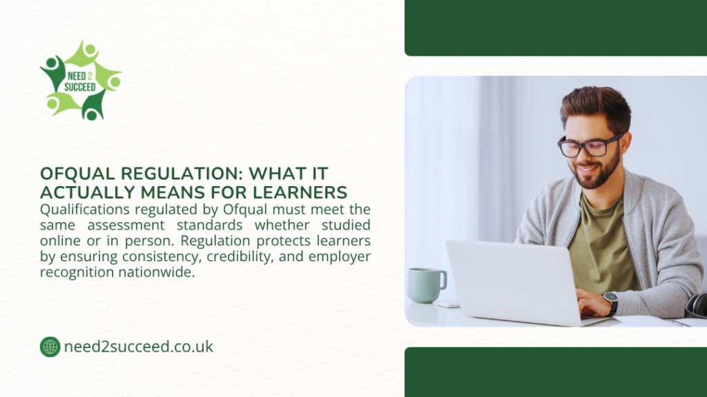 Smiling young man with beard and glasses wearing a casual grey cardigan, focused and happy while working on a white laptop at a bright desk with a green mug nearby, representing regulated online learning in the UK.