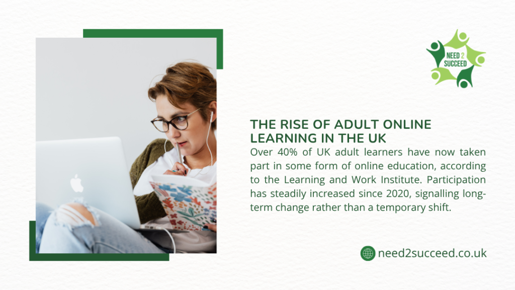 Woman with glasses and earphones focused on her laptop screen while taking notes in a notebook, sitting comfortably on a couch in casual clothing, representing adult online education in the UK.