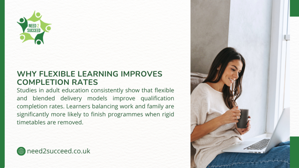 Smiling young woman with long dark hair in a cozy cream sweater, holding a mug of tea or coffee while relaxing on a couch with an open laptop on her lap, enjoying flexible adult online learning by a bright window.